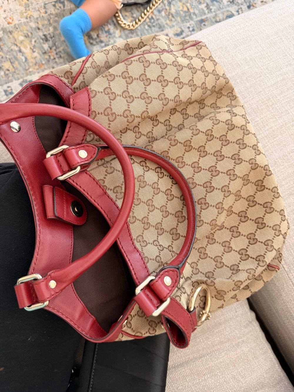 Gucci-style Beige Monogram Tote with Red Leather Trim